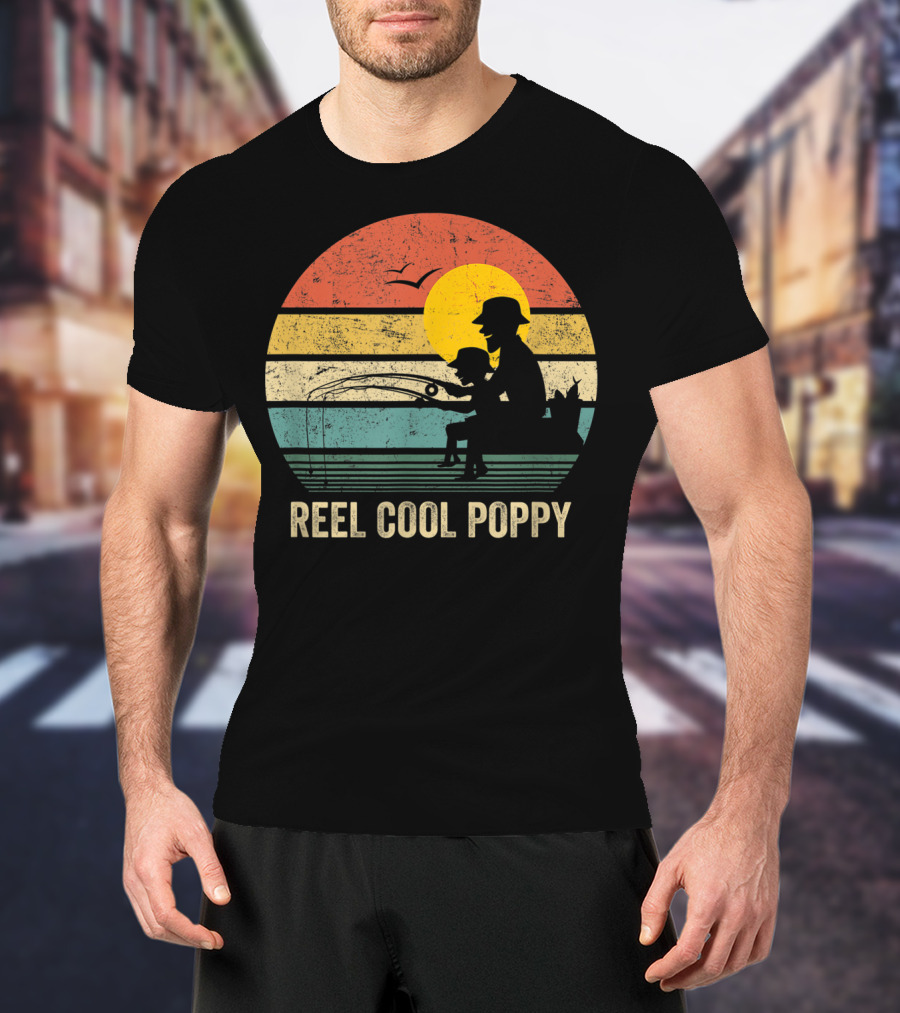 Reel Cool Poppy Vintage Fisherman Father's Retro Style Sun T-Shirt