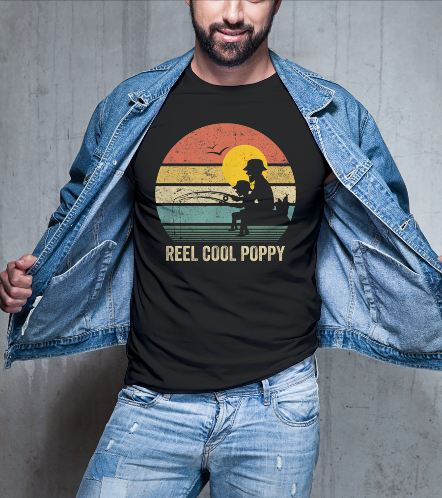 Reel Cool Poppy Vintage Fisherman Father's Retro Style Sun T-Shirt