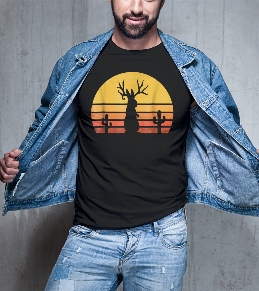 Retro Eighties Sunset Jackalope Silhouette With Cactus Vintage Cryptid T-Shirt