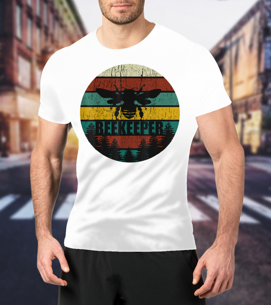 Retro Vintage Beekeeper Bee Stripes And Forest T-Shirt