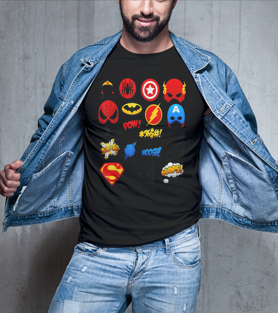 Superheroes Icons Spider Captain Batman Flash Wonder Emoji KABOOM POW OOOOPS Super T-Shirt