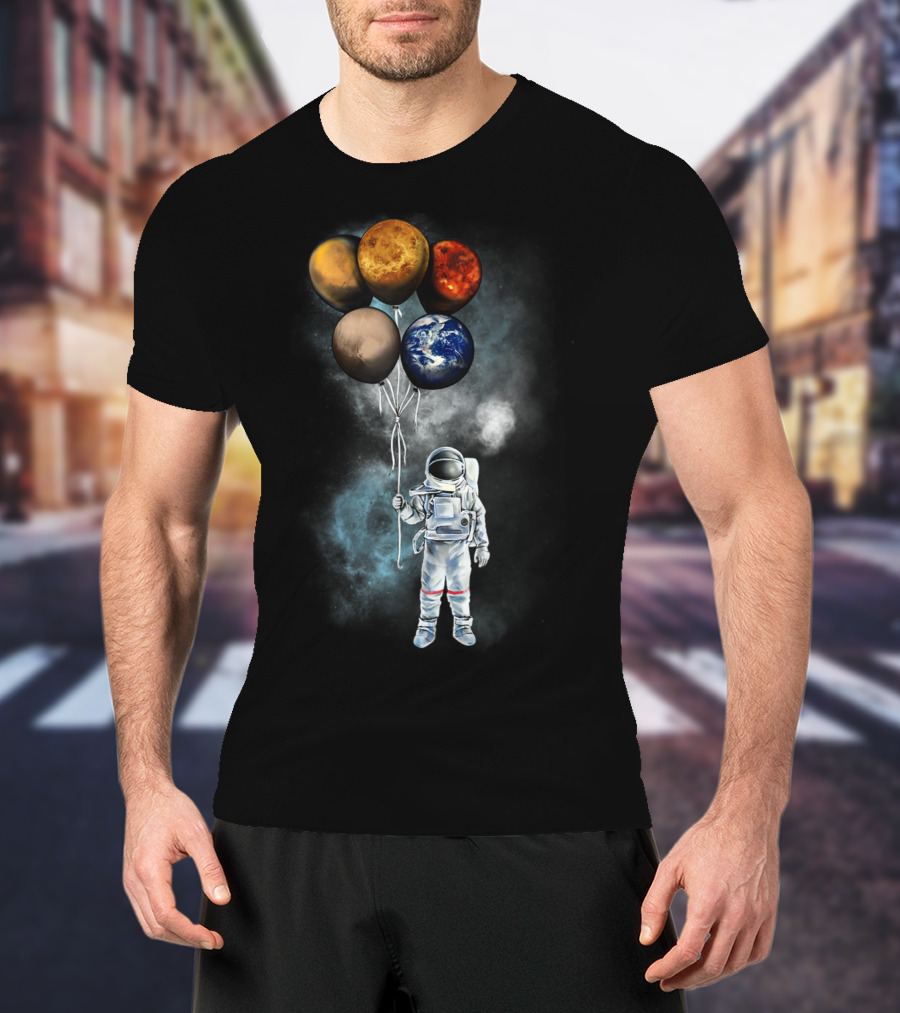 The Spaceman's Adventure Holding Planet Balloons In Outer Galaxy T-Shirt