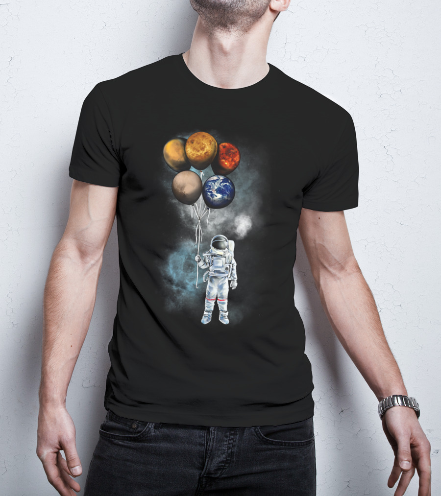 The Spaceman's Adventure Holding Planet Balloons In Outer Galaxy T-Shirt