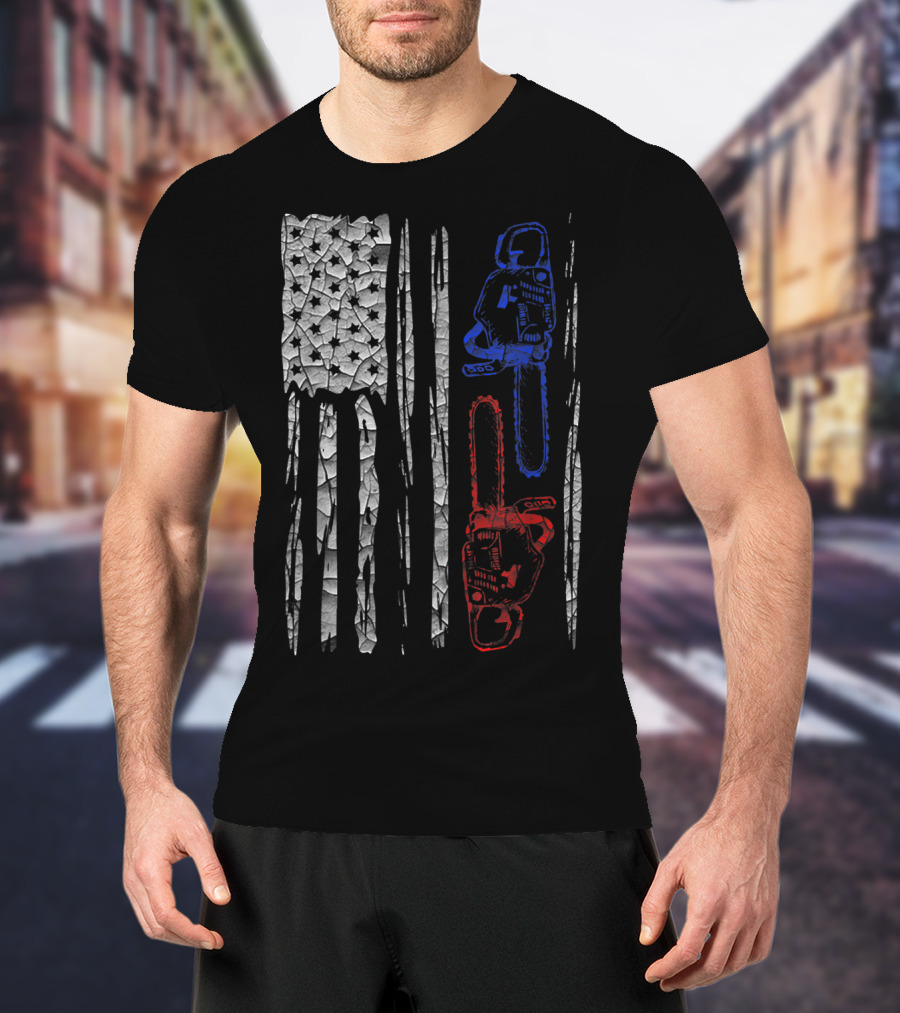 US FLAG CHAINSAW Lumberjack Logger Lumber Patriotic Chainsaws T-Shirt