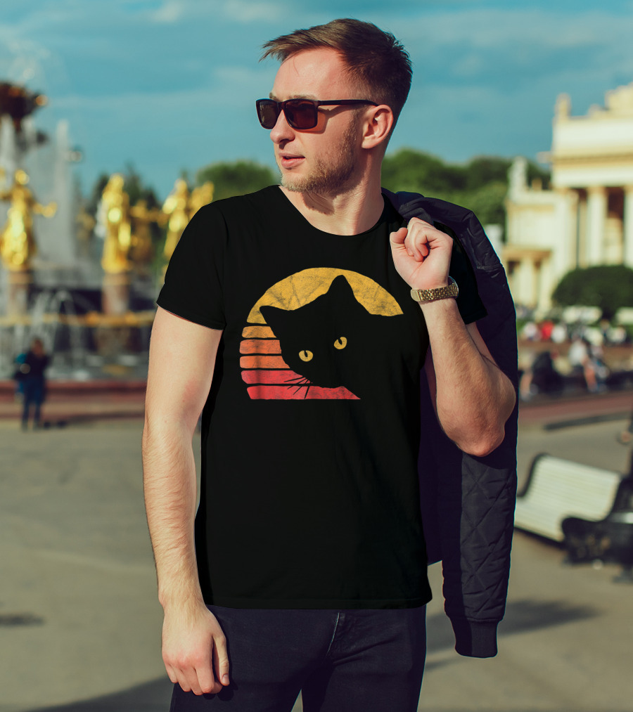 Vintage Eighties Style Cat Distressed Silhouette Retro Sunset T-Shirt