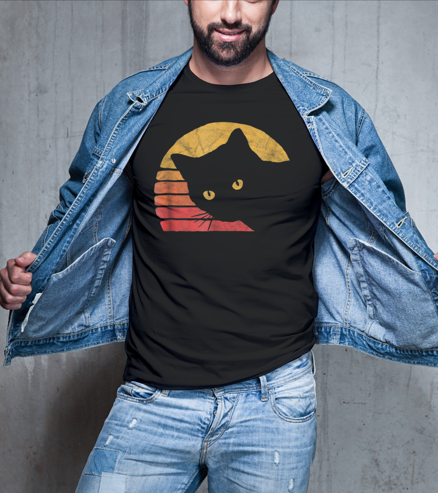 Vintage Eighties Style Cat Distressed Silhouette Retro Sunset T-Shirt