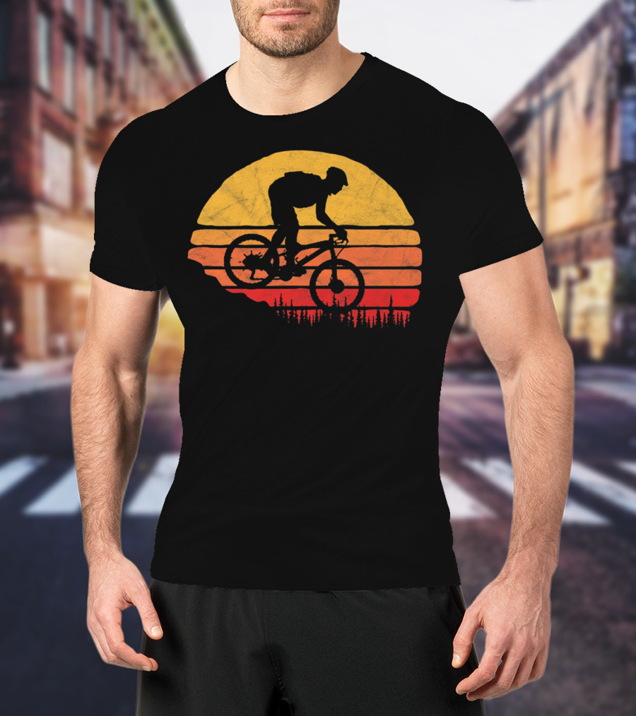 Vintage Mountain Biking Sunset Silhouette Forest Trail T-Shirt