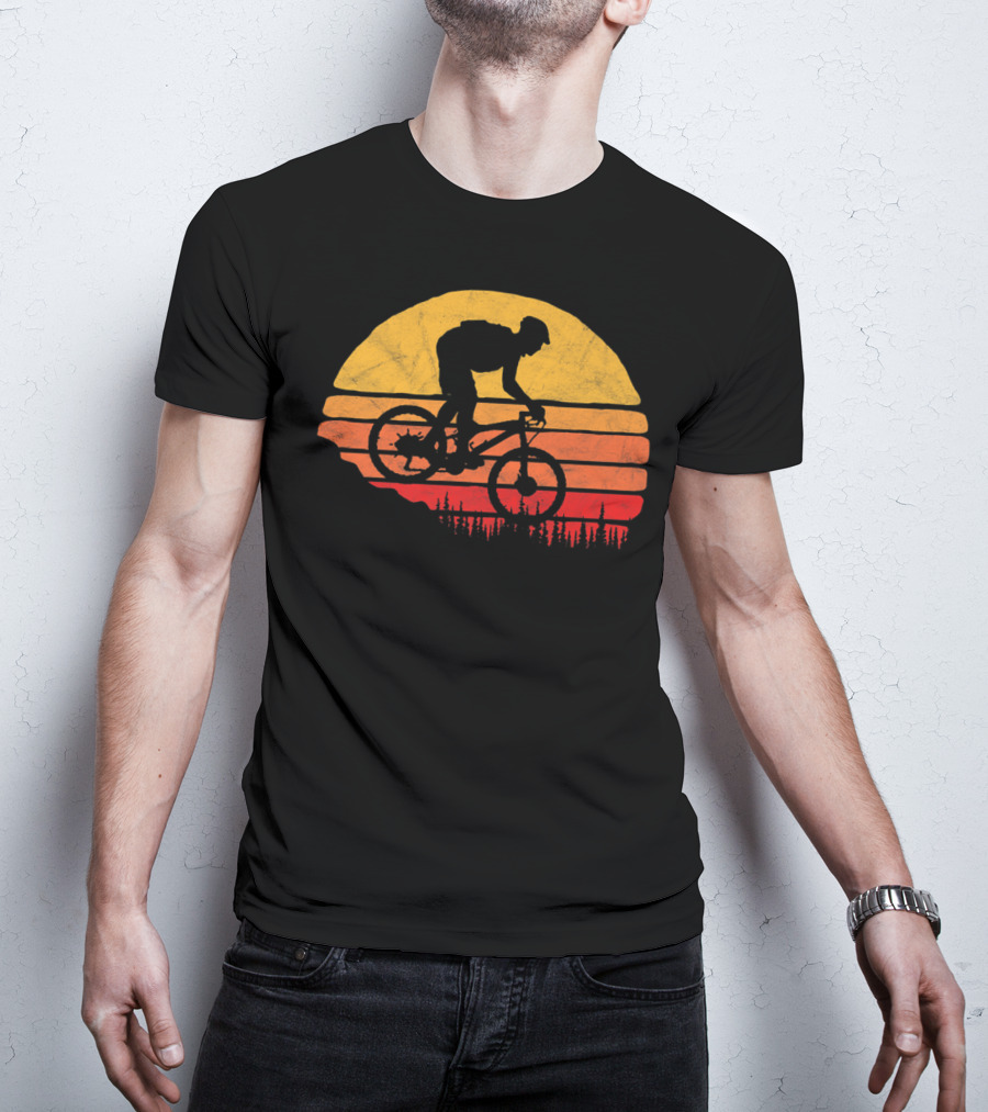 Vintage Mountain Biking Sunset Silhouette Forest Trail T-Shirt