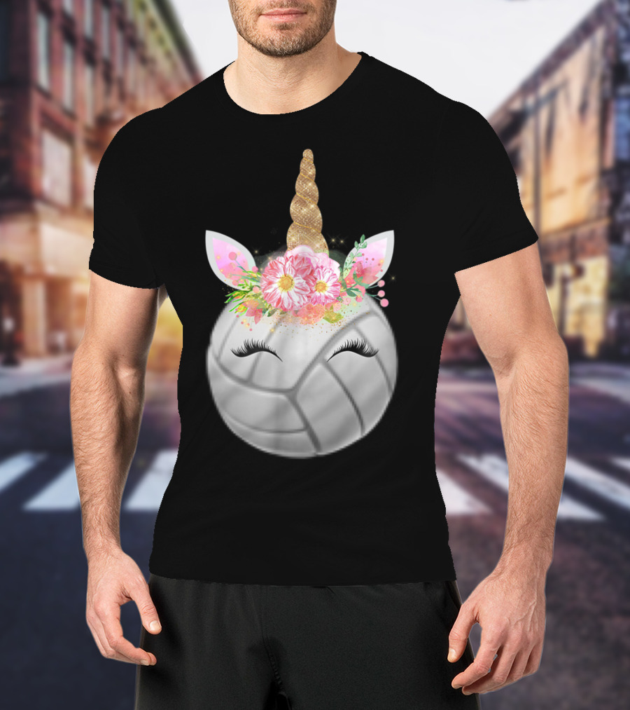 Volleyball Unicorn Funny Sport Love Girls Magical Flower Horn T-Shirt