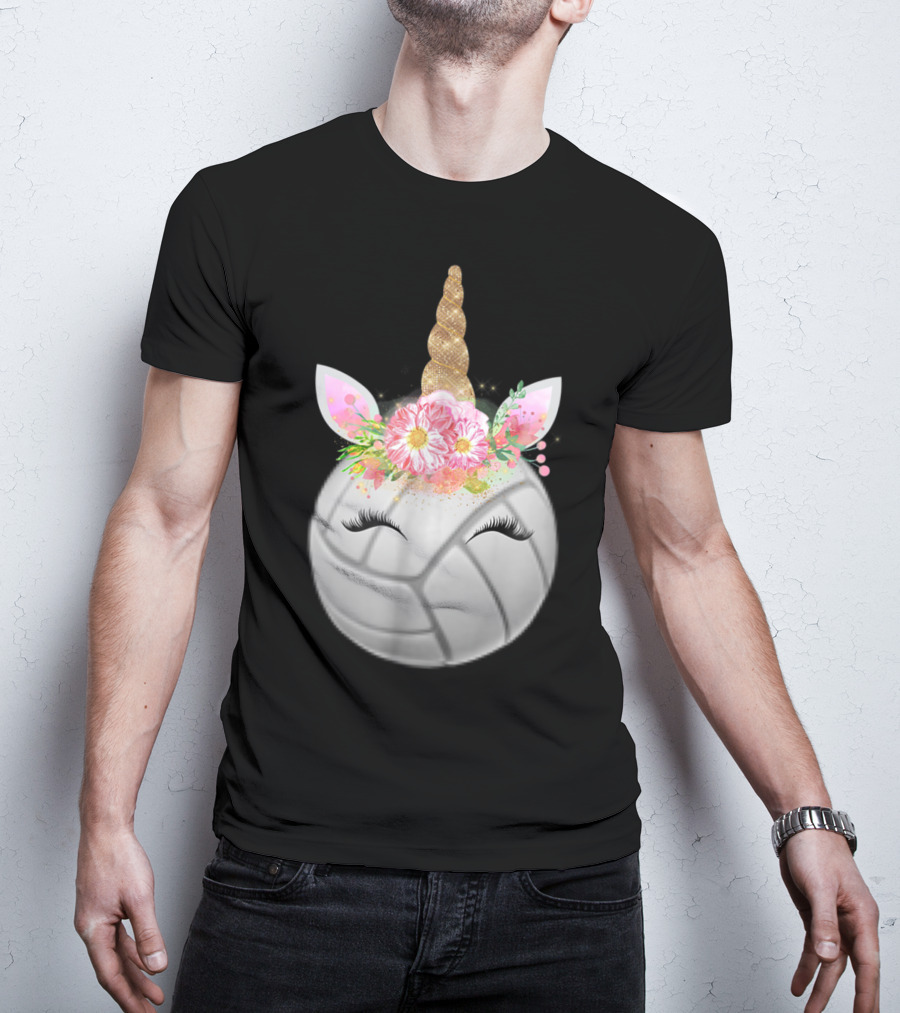 Volleyball Unicorn Funny Sport Love Girls Magical Flower Horn T-Shirt