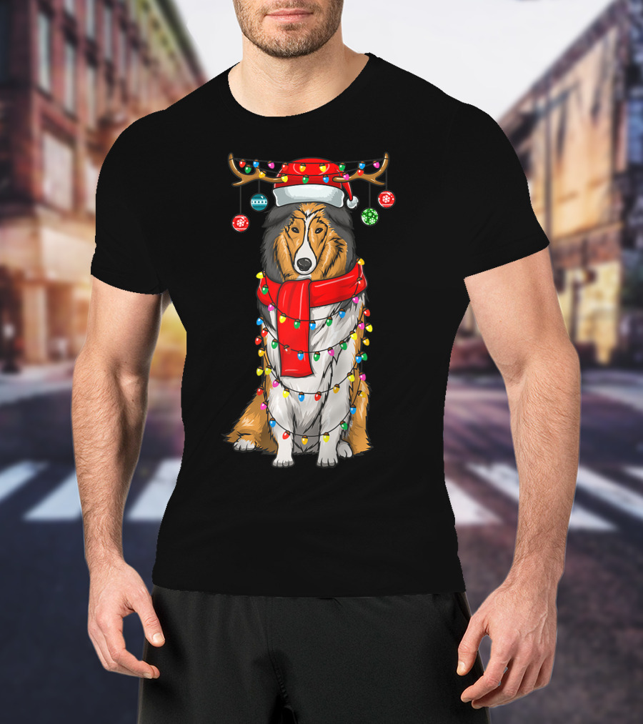 Christmas Cute Collie Dog Wrapped In Holiday Lights With Santa Hat And Antlers T-Shirt