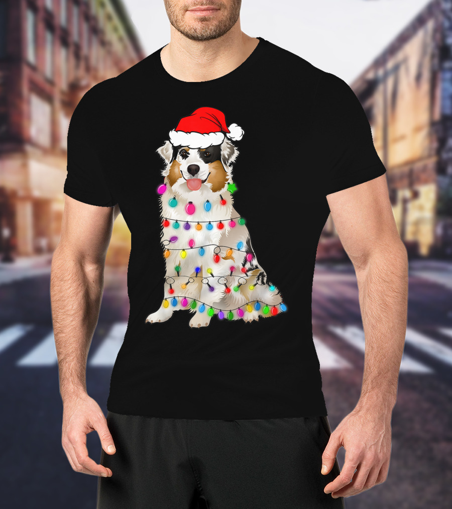 Australian Shepherd Wrapped In Christmas Lights With Santa Hat T-Shirt