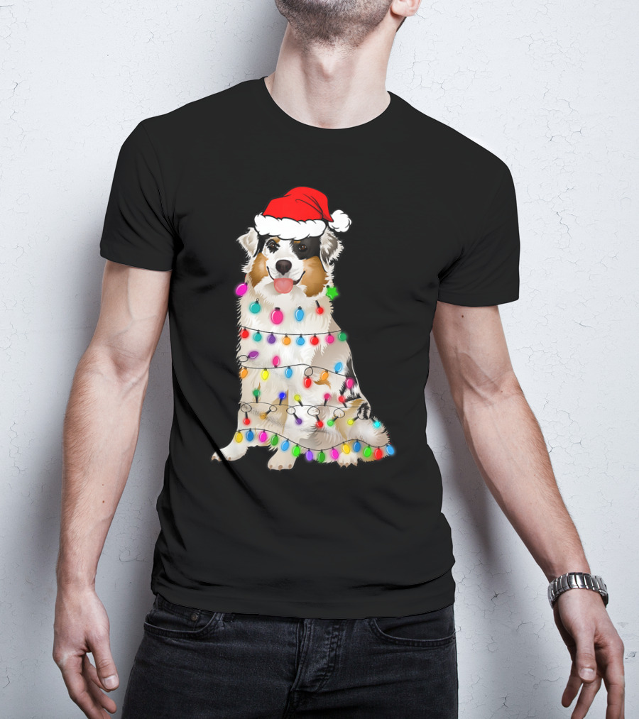 Australian Shepherd Wrapped In Christmas Lights With Santa Hat T-Shirt