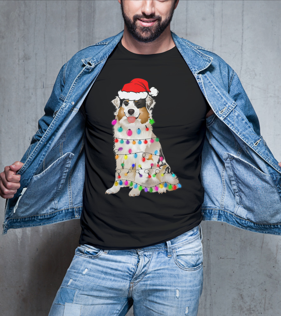 Australian Shepherd Wrapped In Christmas Lights With Santa Hat T-Shirt