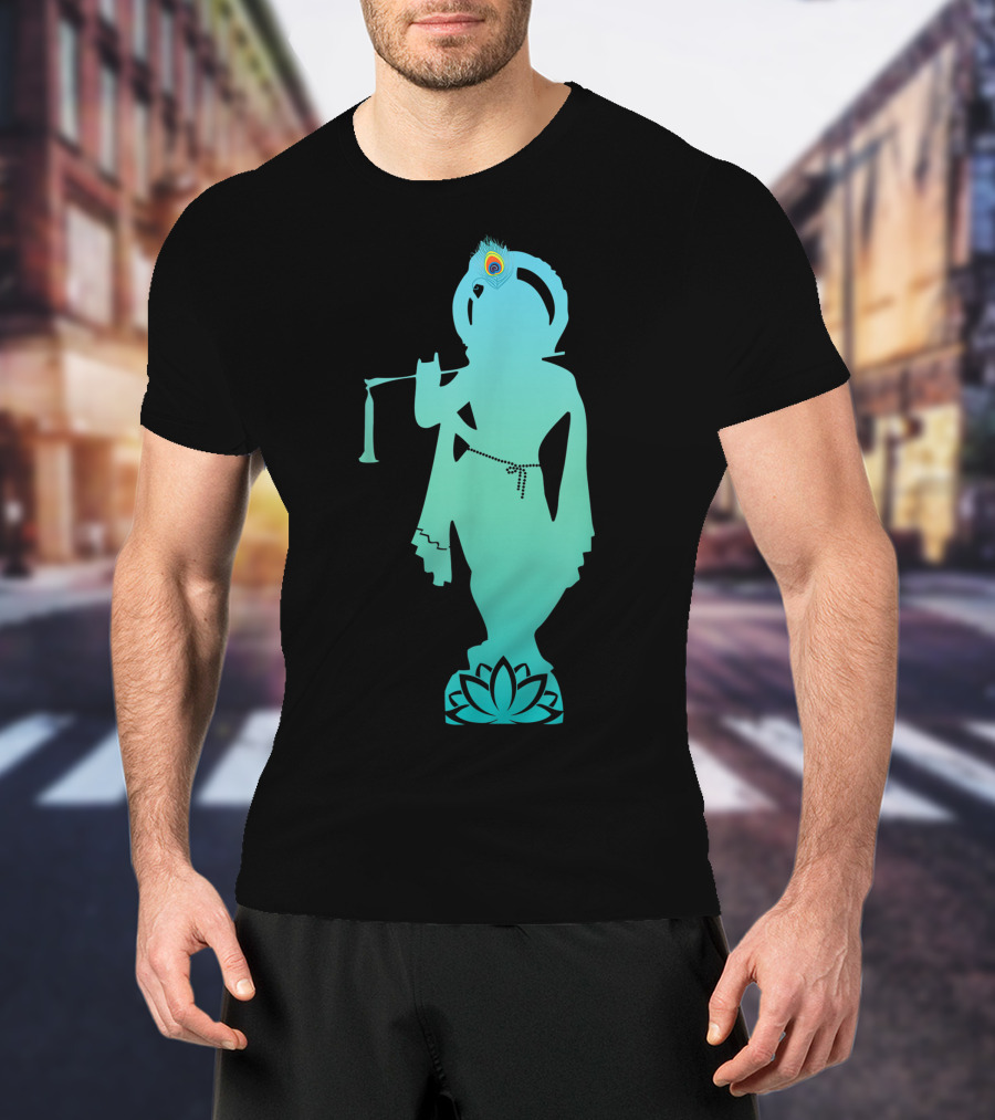 Divine Glory Lord Krishna Flute Silhouette With Peacock Feather And Lotus T-Shirt