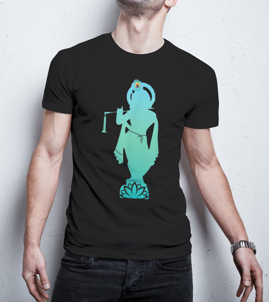Divine Glory Lord Krishna Flute Silhouette With Peacock Feather And Lotus T-Shirt