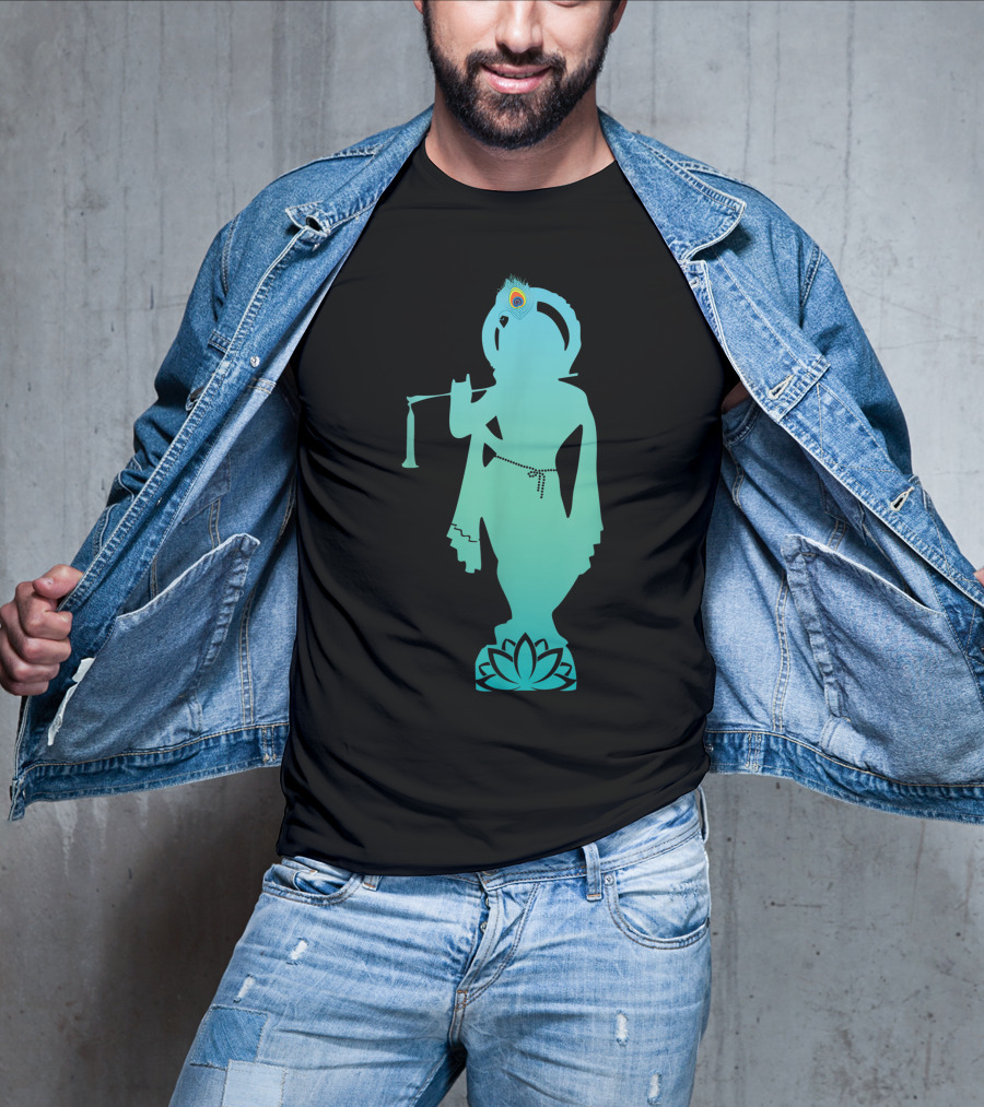 Divine Glory Lord Krishna Flute Silhouette With Peacock Feather And Lotus T-Shirt