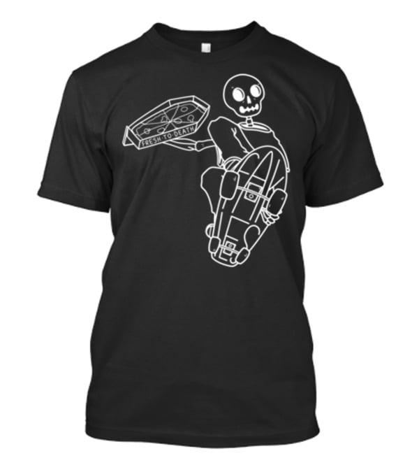 Fakie's Pizza Fresh To Death Skelly Skateboard T-Shirt