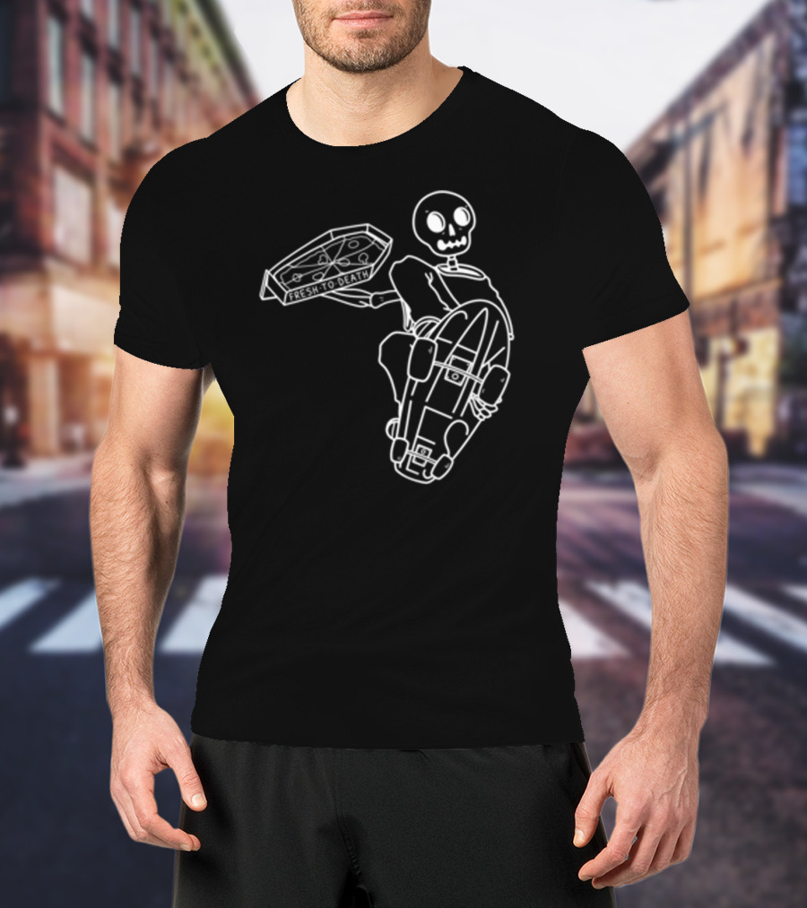 Fakie's Pizza Fresh To Death Skelly Skateboard T-Shirt
