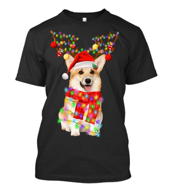 Funny Christmas Corgi Reindeer With Santa Hat And Festive Lights T-Shirt