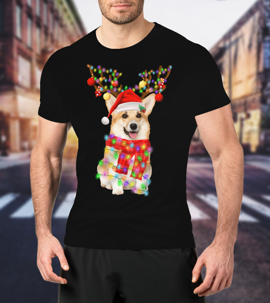 Funny Christmas Corgi Reindeer With Santa Hat And Festive Lights T-Shirt