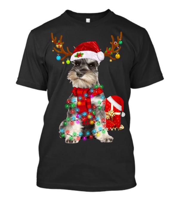 Funny Santa Hat Reindeer Miniature Schnauzer Christmas Lights T-Shirt