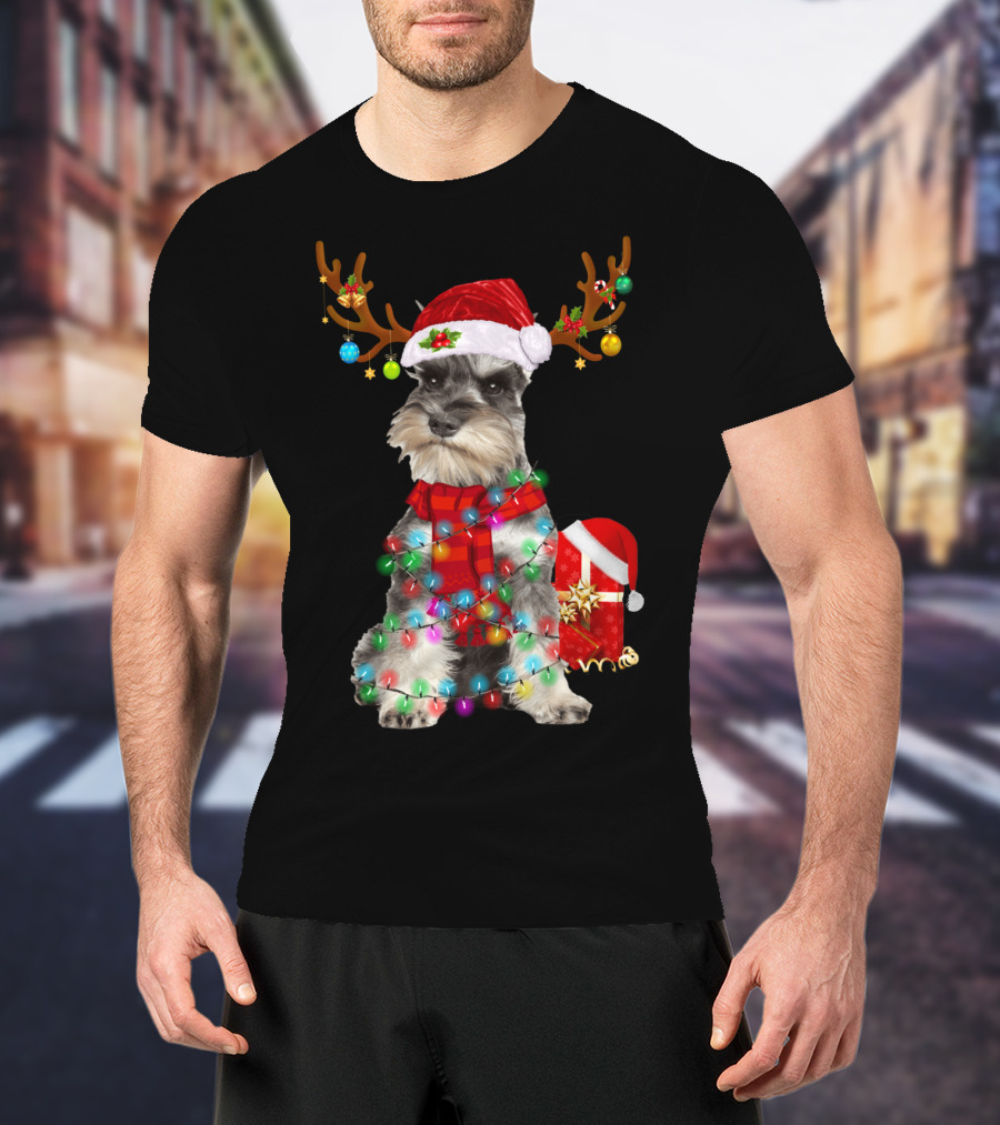 Funny Santa Hat Reindeer Miniature Schnauzer Christmas Lights T-Shirt