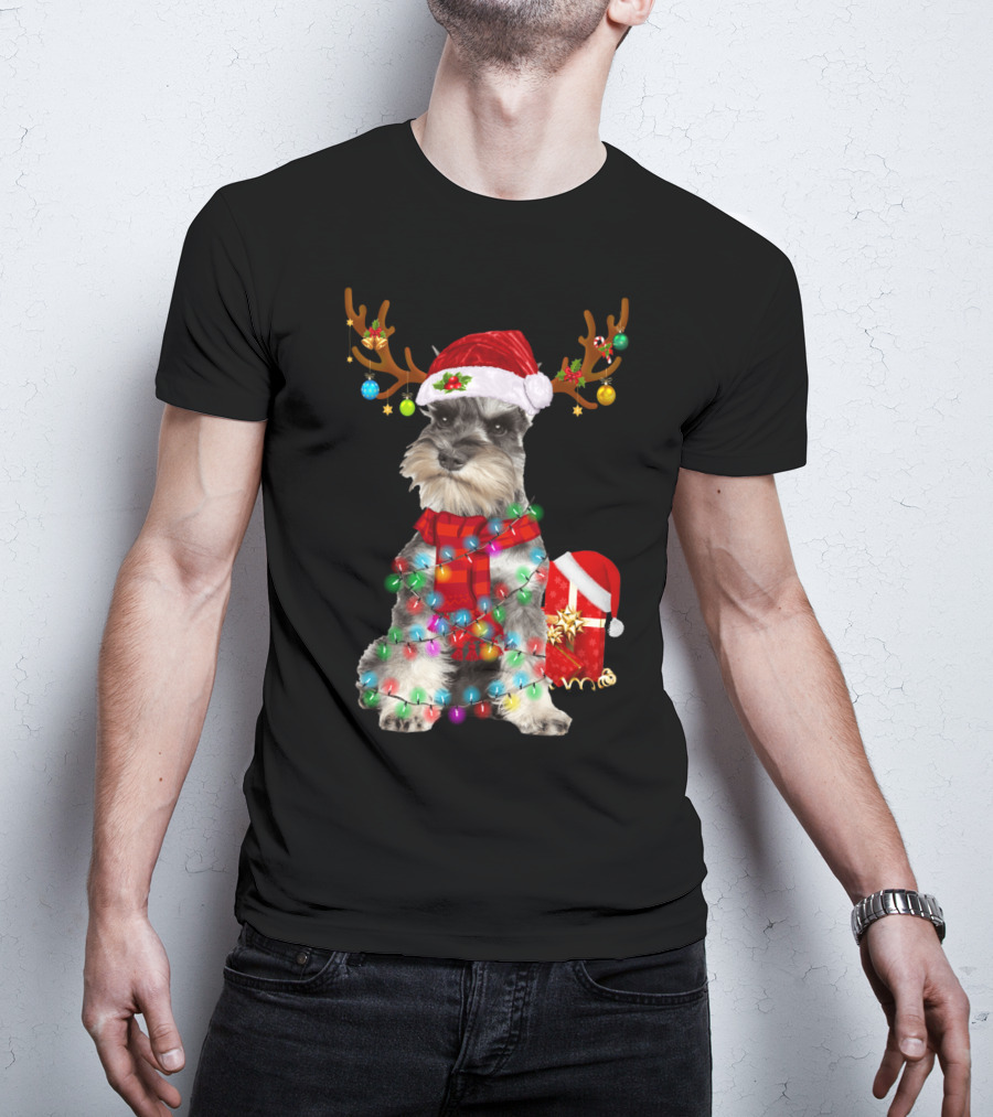 Funny Santa Hat Reindeer Miniature Schnauzer Christmas Lights T-Shirt