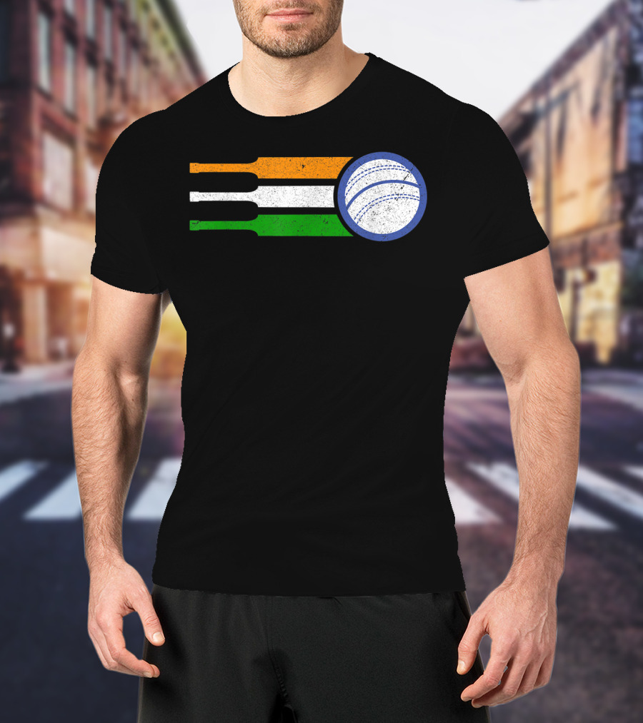 India Cricket Team Fan Flag With Cricket Ball And Tricolor T-Shirt