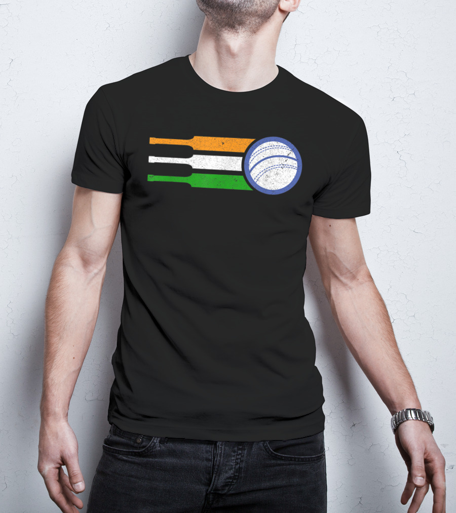 India Cricket Team Fan Flag With Cricket Ball And Tricolor T-Shirt