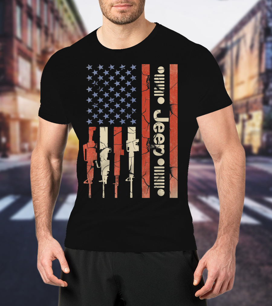 Jeep American Flag With Gun Design For Jeep Lovers T-Shirt