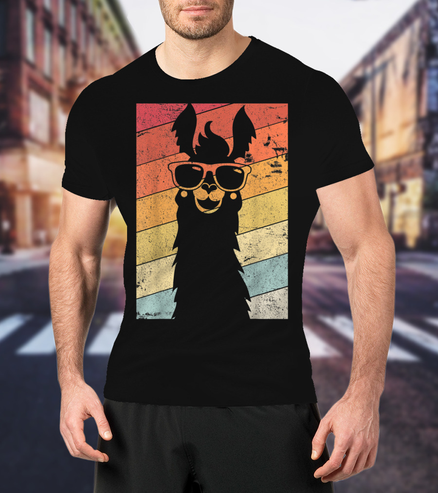 Retro Llama Style Alpaca With Sunglasses On Colorful Stripes T-Shirt