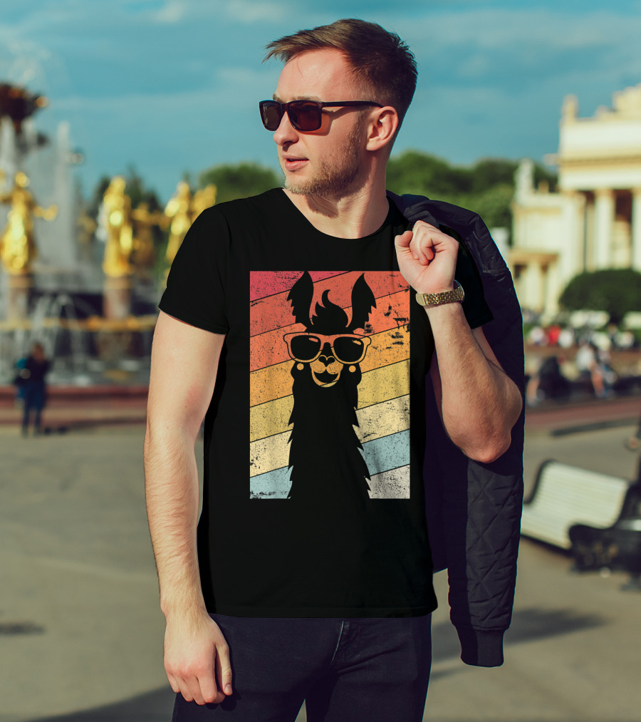 Retro Llama Style Alpaca With Sunglasses On Colorful Stripes T-Shirt
