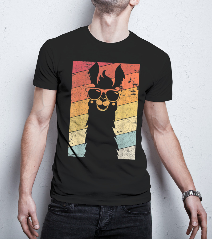 Retro Llama Style Alpaca With Sunglasses On Colorful Stripes T-Shirt