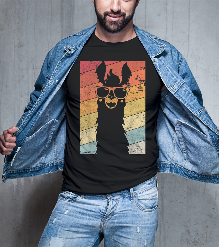 Retro Llama Style Alpaca With Sunglasses On Colorful Stripes T-Shirt