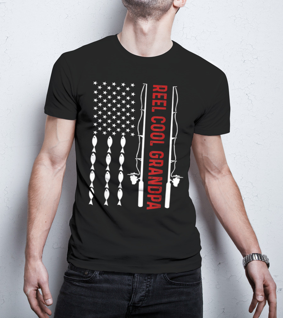 Reel Cool Grandpa Fishing Flag With Stars And Fish Rods T-Shirt