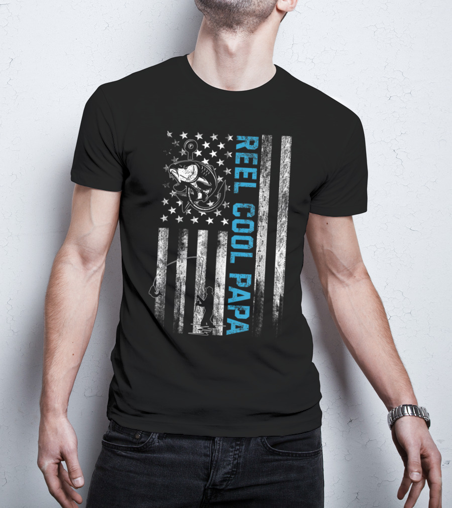 Reel Cool Papa American Flag Fishing Fish T-Shirt