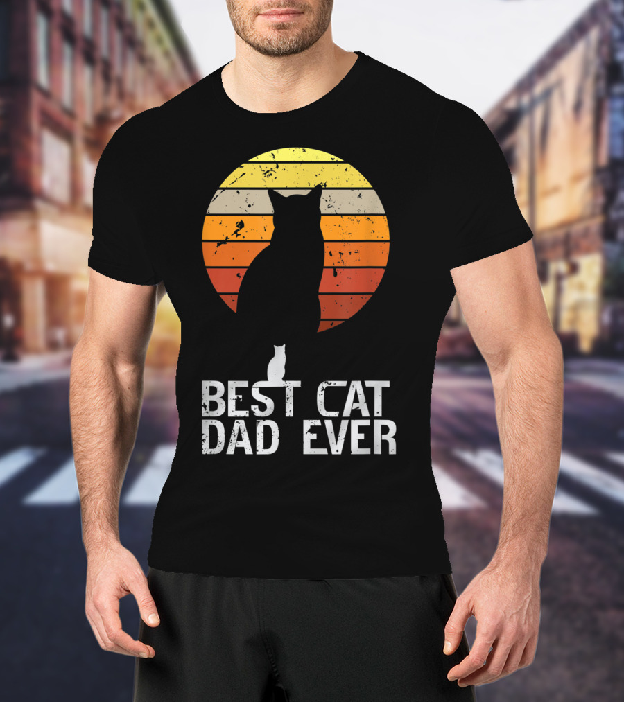 Mens Vintage Best Cat Dad Ever Cat Daddy Retro Sunset T-Shirt