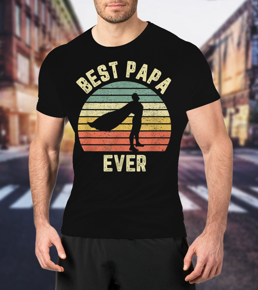 Best Papa Ever Superhero Vintage Retro Stripes T-Shirt