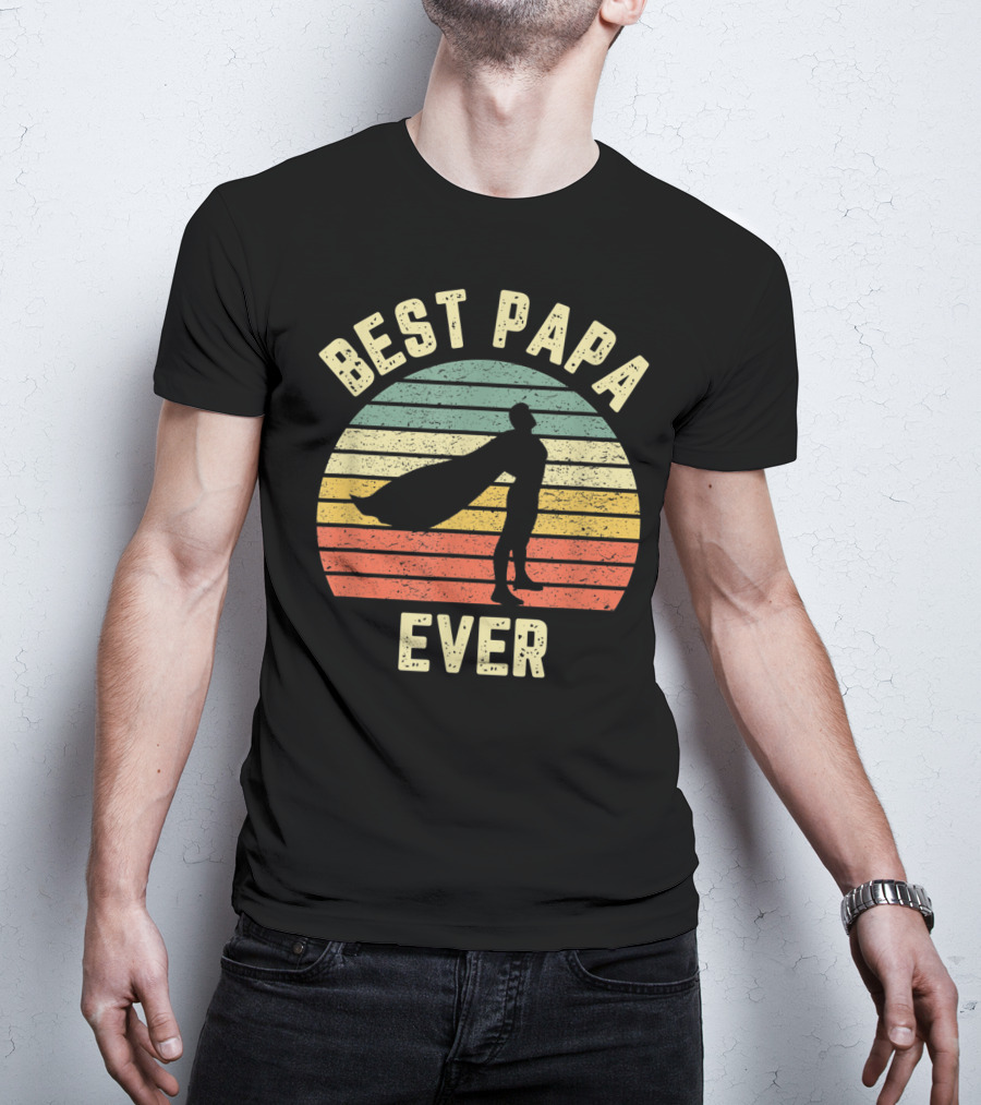 Best Papa Ever Superhero Vintage Retro Stripes T-Shirt