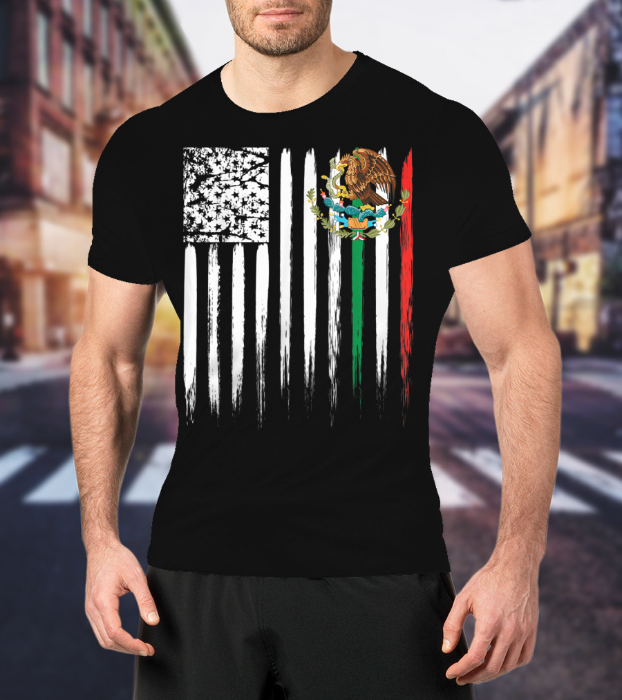 Mexican American Flag With Eagle And Serpent Symbol On Distressed Stripes T-Shirt