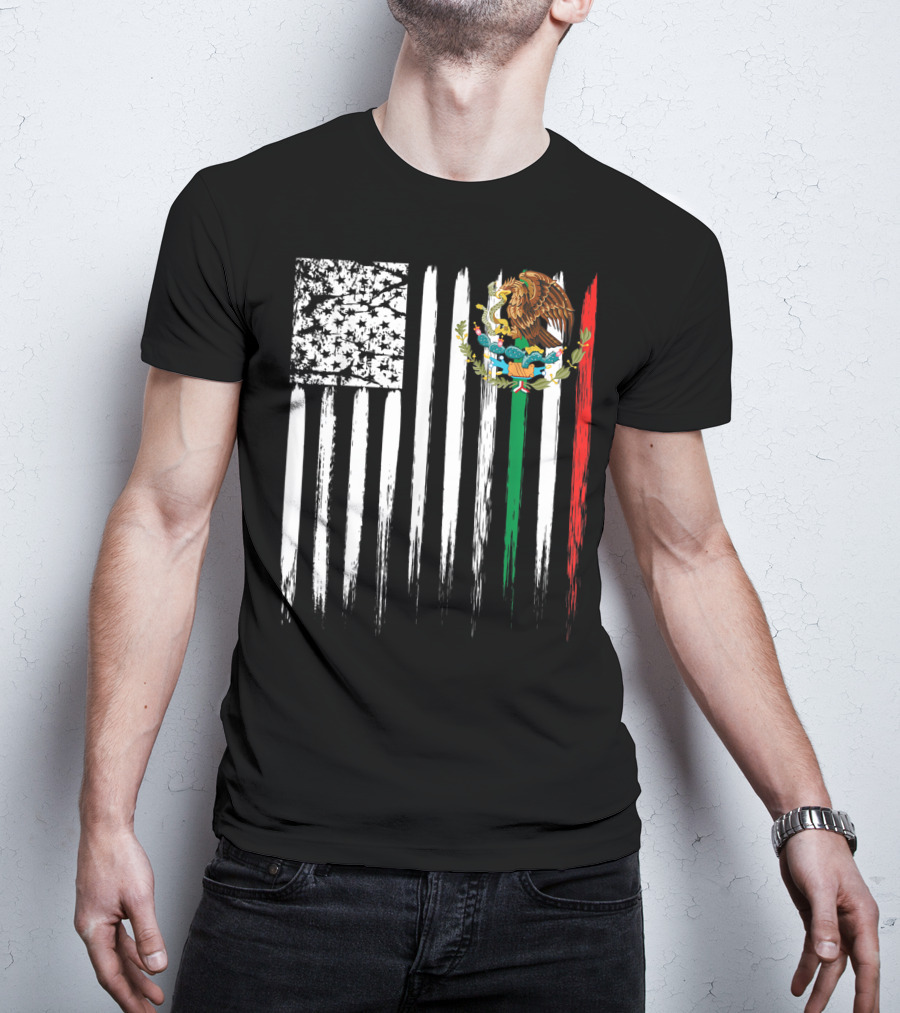 Mexican American Flag With Eagle And Serpent Symbol On Distressed Stripes T-Shirt