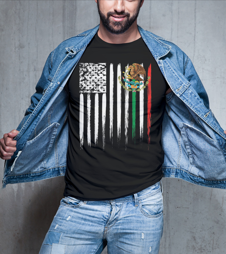 Mexican American Flag With Eagle And Serpent Symbol On Distressed Stripes T-Shirt