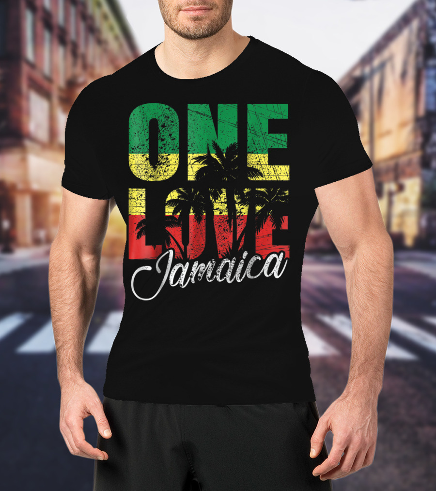 One Love Jamaica Caribbean Vacation Reggae Colors Palm Trees T-Shirt