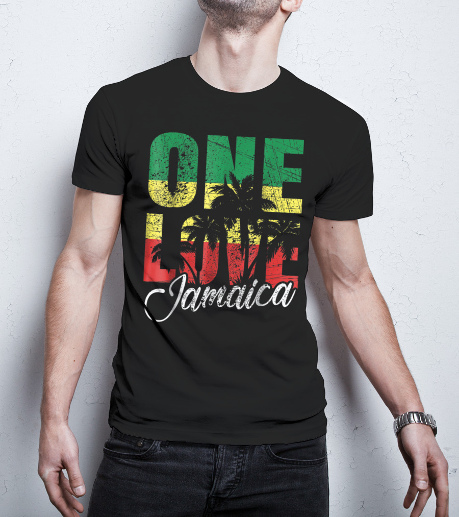 One Love Jamaica Caribbean Vacation Reggae Colors Palm Trees T-Shirt