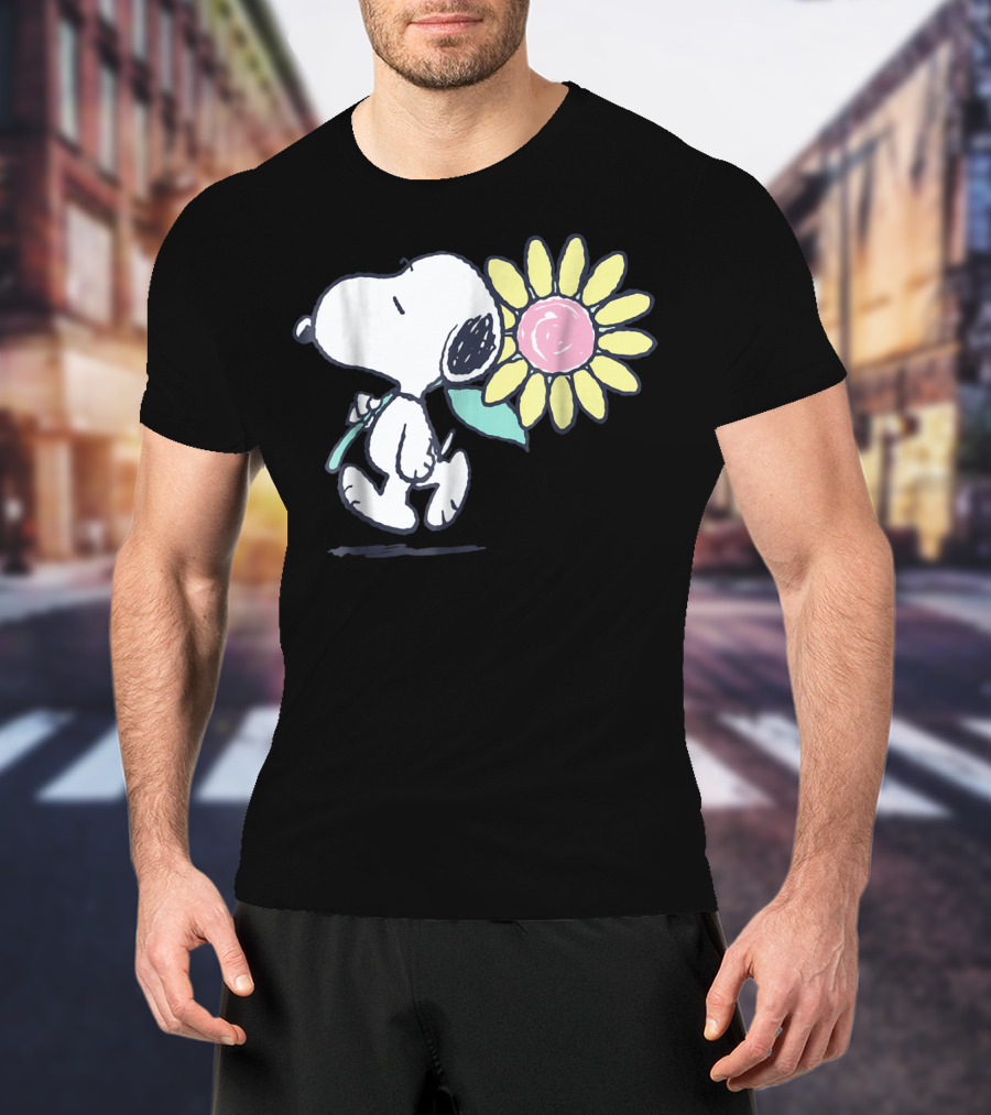Peanuts Snoopy Walking With Pink Daisy Flower T-Shirt