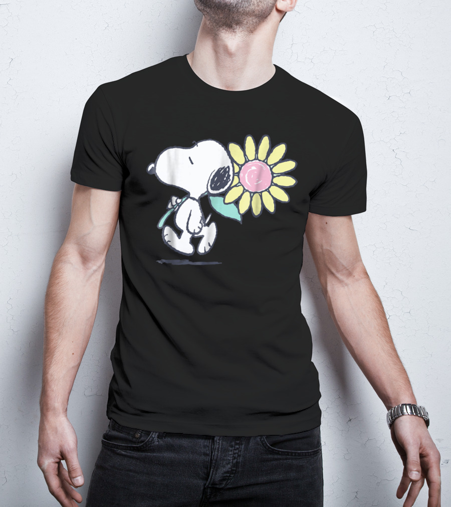 Peanuts Snoopy Walking With Pink Daisy Flower T-Shirt