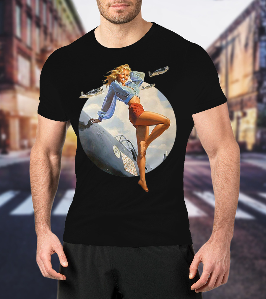 Pin Up Blonde With WWII 40s Air Force Plane And Iconic T-Shirt