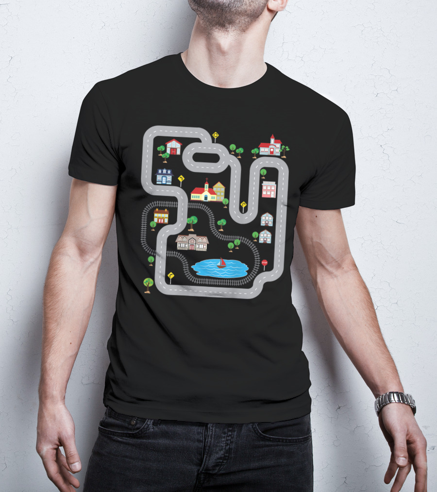 Playmat Road With Train Track And Car Race Route Through Town T-Shirt