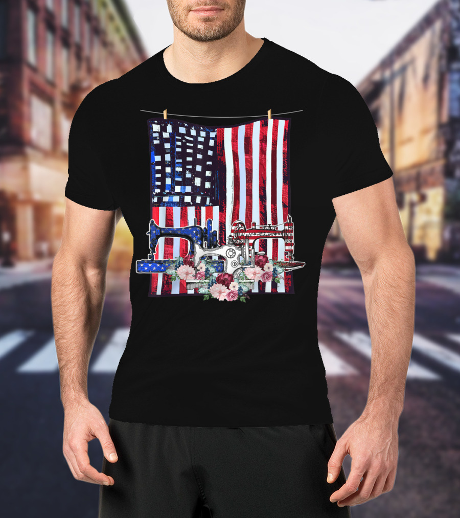 American Quilting Sewing Machines USA Flag Floral T-Shirt